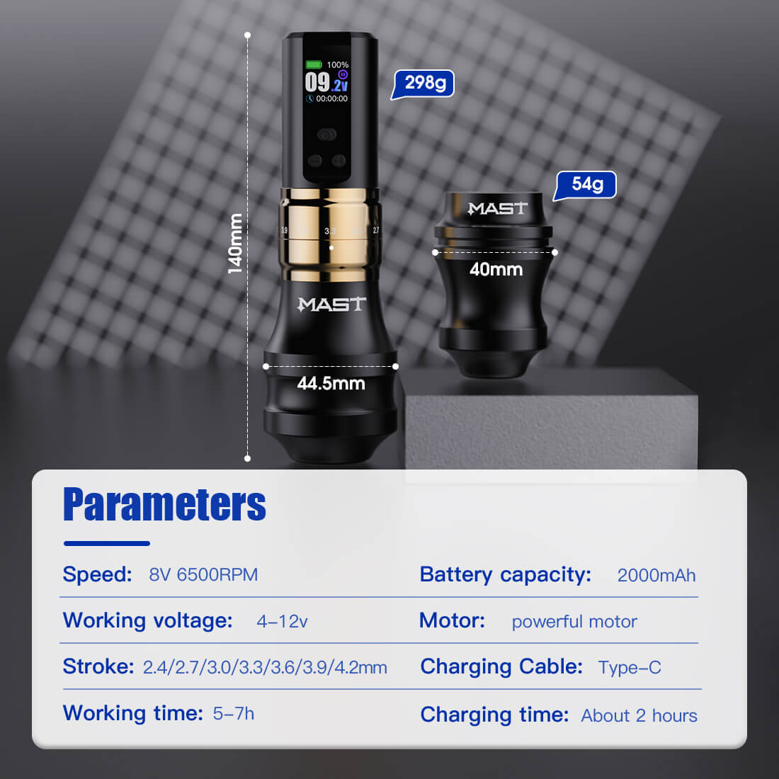 MAST- FOLD PRO 2 - Stroke ajustable - Noir et Or - x2 Manchons - x2 Batteries